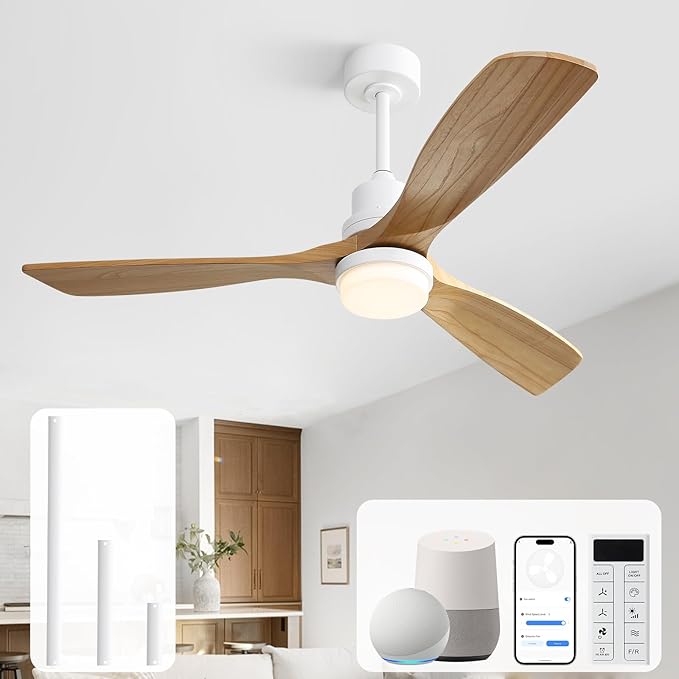 Sofucor 52 Inch Smart Ceiling Fan, Indoor/Outdoor Ceiling Fans with Lights and Remote, Work with Alexa/Google/APP, 6-Speed, Quiet DC Motor, 3 Blades Solid Wood Ceiling Fans for Bedroom Farmhouse Patio