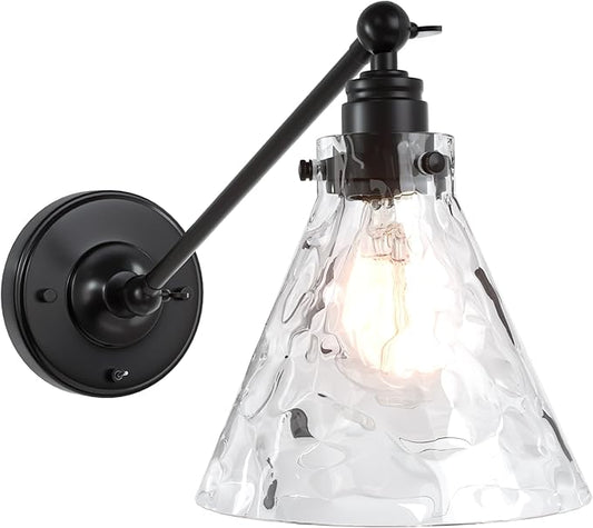 Industrial Vintage Slope Pole Wall Mount Single Sconce with Funnel Flared Clear Glass Shade, Swing Arm Wall Sconce Light Lamp Fixture Hardwired