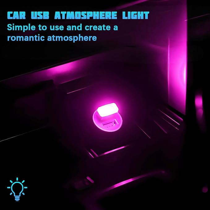 4PCS/Set USB LED Car Interior Atmosphere Lamp, Portable Mini Vehicle LED Night Light, Plug-in USB Interface Automotive Interior Ambient Lighting Kit Accessories, Universal Fit (Pink)