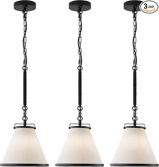 3-Pack Black Pendant Lights Kitchen Island Ceiling Pendant Light with Linen Lampshade 10in Transition Pendant Hanging Light with Chain for Kitchen Sink Entryway Hallway Dining Room