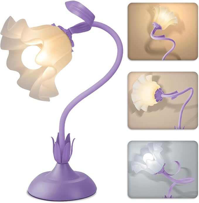 Women Bedside Table Lamps for Bedroom, Cute Flower Desk Lamp with Adjustable Flexible Gooseneck, 3 Color Temperatures Nightstand Lamp with E26 LED Bulbs, Floral Lamp for Living Room, Office,Reading
