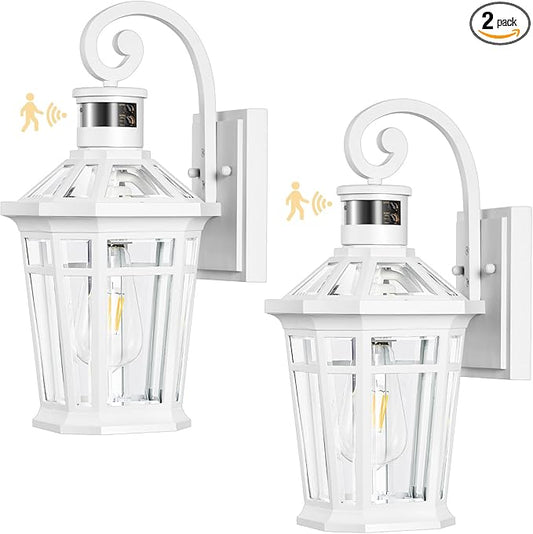 2 Pack Motion Sensor Outdoor Wall Lantern, White Outdoor Garage Lighting Fixtures Wall Mount, Waterproof Front Porch Lights with E26 Base, Exterior Sconce Light with Adjustable Sense Range