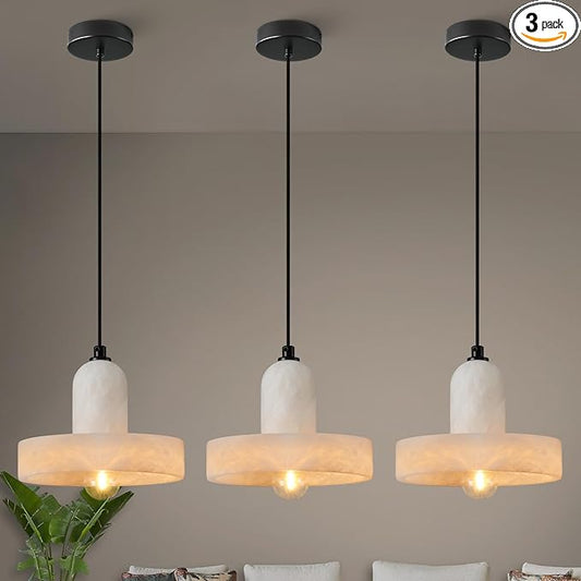 Alabaster Pendant Light for Kitchen Island, H-9.5in Modern Black Hanging Light Fixture with Natural Alabaster Stone Shade, Adjustable Pendant Lighting Over Sink, Dining, Bar, Counter - 3 Pack