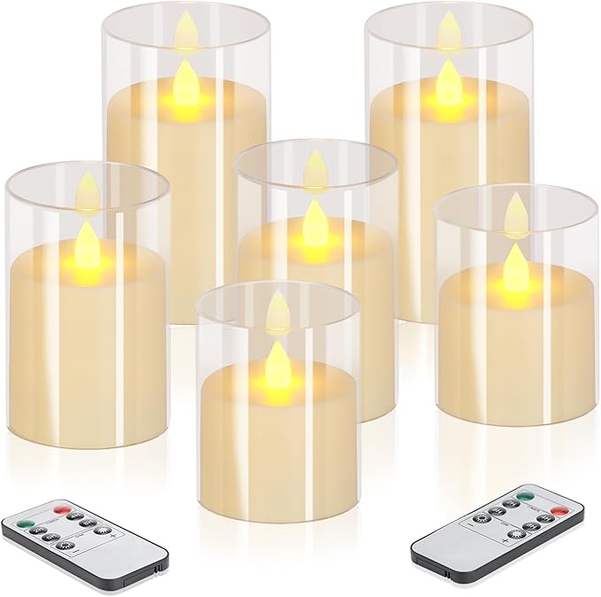 Flameless Candles 4" 5" 6" Set of 6 Acrylic Glass Pillars 3" Diameter Battery Operated Flickering Candles Include 8-Key Remote with Timer Function 400+ Hours (Pure White, 6 Pack)