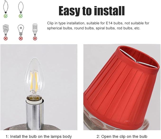 2Pcs Small Lamp Shade, Clip On Pleated Fabric Barrel Lampshade for Chandelier & Table Lamp, 3.6 inch Top x 5.6 inch Bottom x 5.1 inch Height(Red)