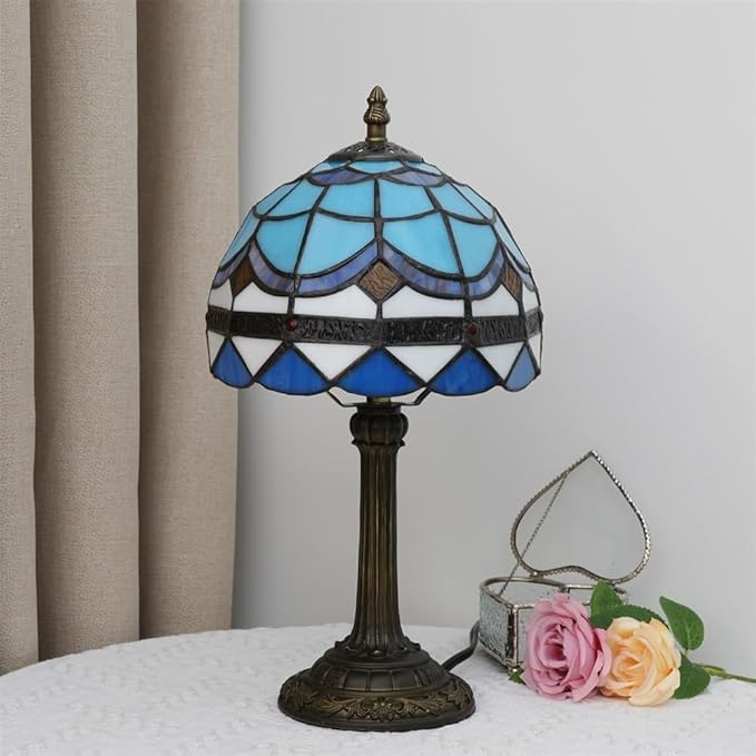 Tiffany Lamp 8 Inch Small Stained Glass Table Lamp Blue Mediterranean Handmade Warm Reading Bedside Lamp Dining Room Bedroom Living Room Office Study Tiffany Style Retro Home Decoration Crafts（feath）