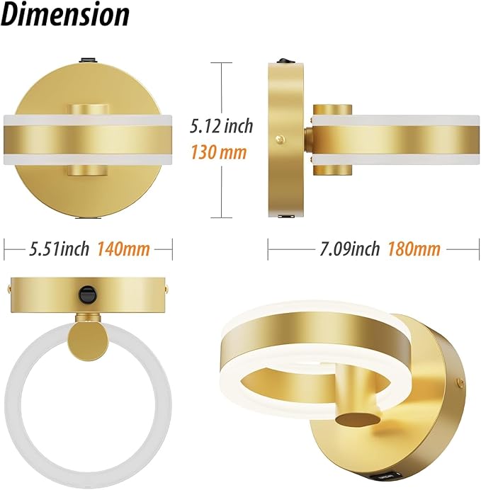 Wall Lamp LED Wall Sconce Rotatable Up-Down Sconces Wall Lighting with Built-in Switch and USB Charging Port 110 Volt AC Hardwired Wall Light (Gold,2 Pack)