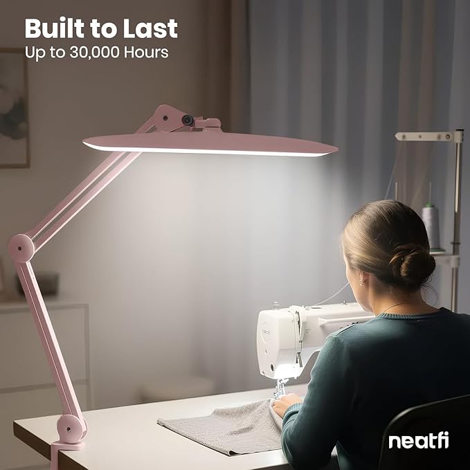 Neatfi XL 2200 Lumens 24W LED Desk Lamp with Clamp - Shadow-Free Task Lighting | 4-Level Dimming | Home Office & Crafts Use | 20-Inch Wide Head (Non-CCT, Rose Gold)