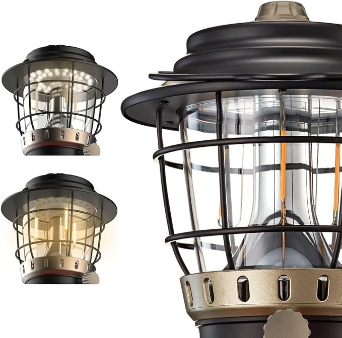 Rechargeable Retro LED Lantern, 800LM, Stepless Dimming, Omni-Directional Light Distribution, 4400mAh Power Bank, 2 Color Temperatures, IPX5 Water Resistant, Power Outages, Emergencies, USB Cable
