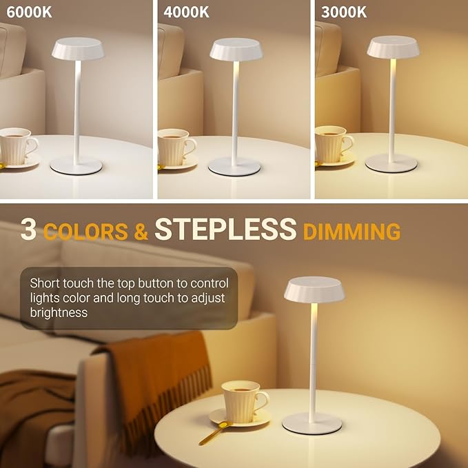 EppieBasic Cordless Table Lamp Rechargeable: Portable & Minimalist Design - 2700K Warm Light Metal Lamps for Living Room, Dining, Corner Table - White
