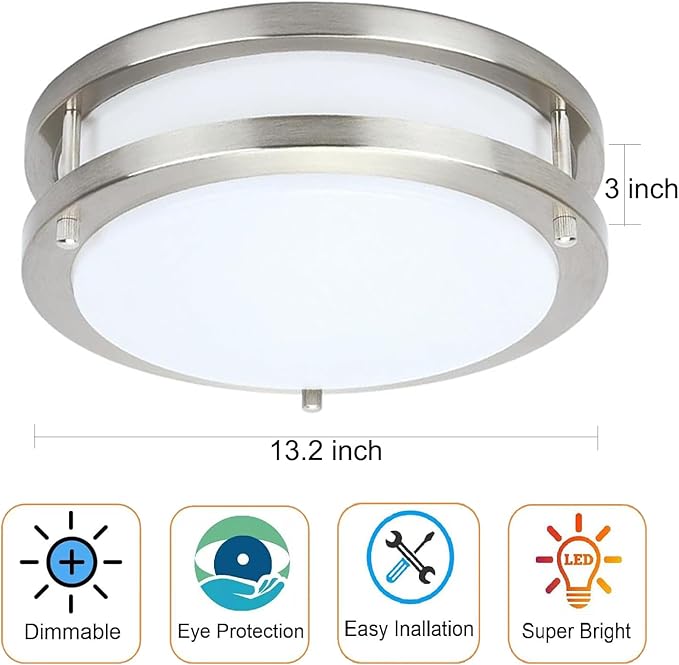 48W Dimmable LED Ceiling Light Fixture, Flush Mount Light Fixture for Kitchen, Bathroom, Bedroom, Garage, 5000 Lumens, 500W Equivalent, 13.2in, Daylight 5000K, Brushed Nickel