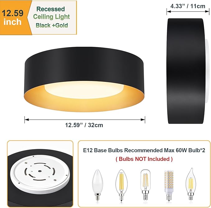 Modern Flush Mount Ceiling Lights,Minimalist 12.5IN Round Close to Ceiling Light Fixture,Black and Gold Metal Ceiling Lighting Lamp for Entryway,Hallway,Kitchen,Bedroom