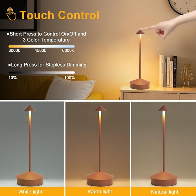 2 Pack Aluminum Cordless Table Lamp, 6000mAh Rechargeable Table Lamps, Portable Touch LED Lamp, Outdoor Waterproof Dimmable Cordless Rechargeable Table Lamps for Restaurant/Patio- Black (Brown)