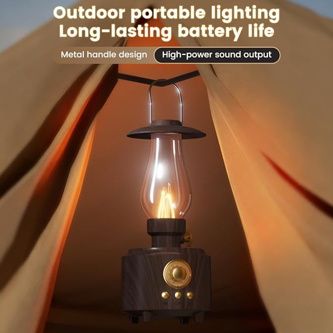 HomeBeyond Vintage Kerosene Table Lamp, Bedside Night Light with Bluetooth Speaker, Rechargeable Bedside Lights, IPX4 Waterproof Camping Lamp for Camping Party Holiday Home Decor Gift (Woodgrain)