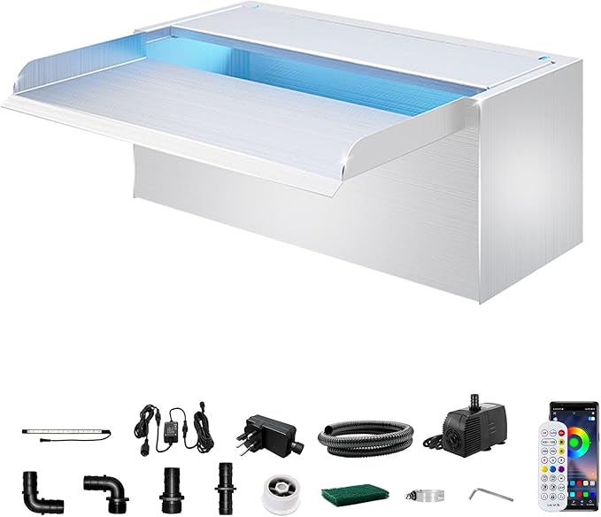 Longrun Pond Waterfall Box with Pump Kit, 304 Stainless Steel Pond Waterfall Spillway with 680 GPH 3000L/H Pump for Ponds, Pond Spillway Color-Changing LED Light Strip for Garden (11.8")