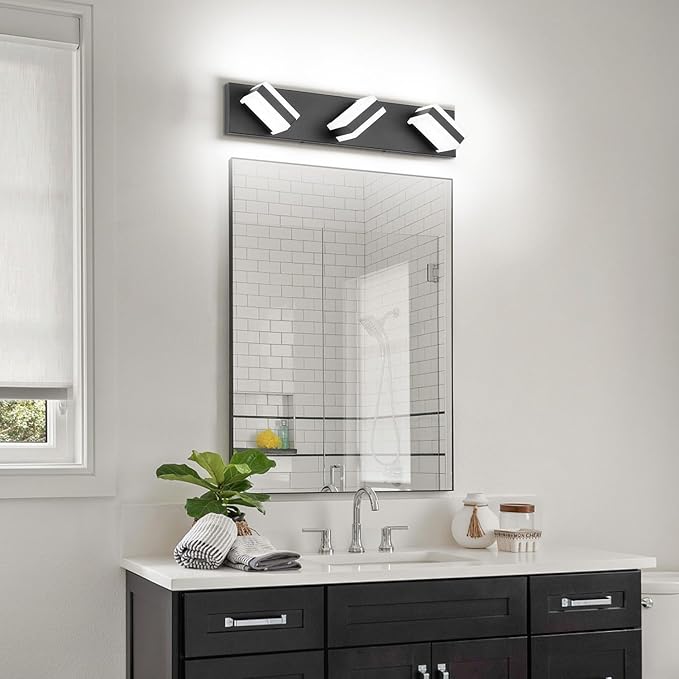 SOLFART Vanity Lights for Bathroom, Black 3 Light Bathroom Light Fixtures Modern Black LED Vanity Light Cool Light 6000K