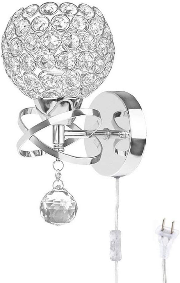 Round Modern Crystal Wall Light Chrome Finish Bedroom Wall Sconce Lighting Fixture with Plug and Cord Switch, E26 Socket
