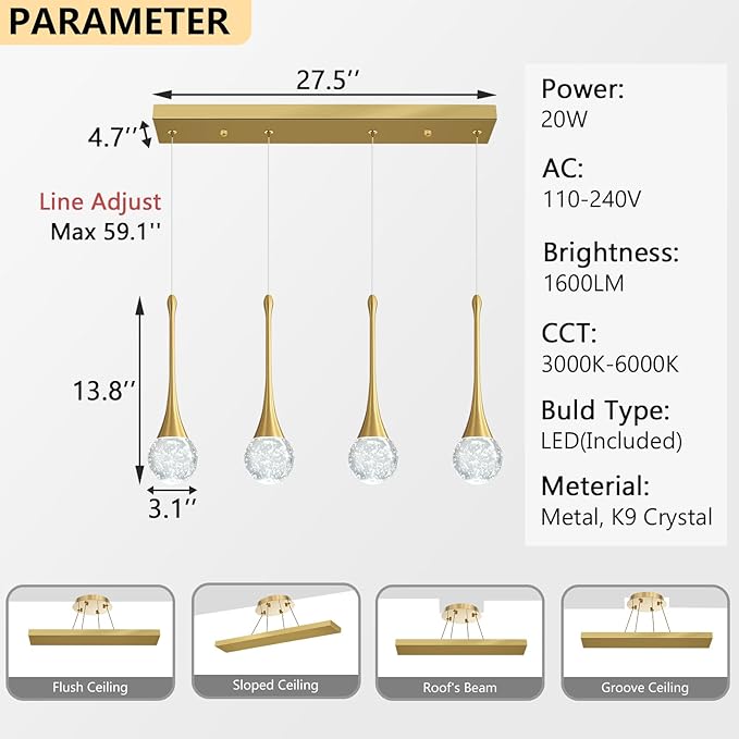 4-Lights Modern Pendant Lights for Kitchen Island LED Dimmable Crystal Glam Ceiling Pendant Lighting Chandelier for Dining Room Hallway Bedroom Gold