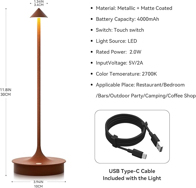 Small Cordless Table Lamp Rechargeable, Battery Operated Desk Lamp, 4000mAh LED Touch Lamp, Dimmable Portable Outdoor Waterproof Wireless Table Light for Restaurants/Bars/Outdoor(1PC, Brown)