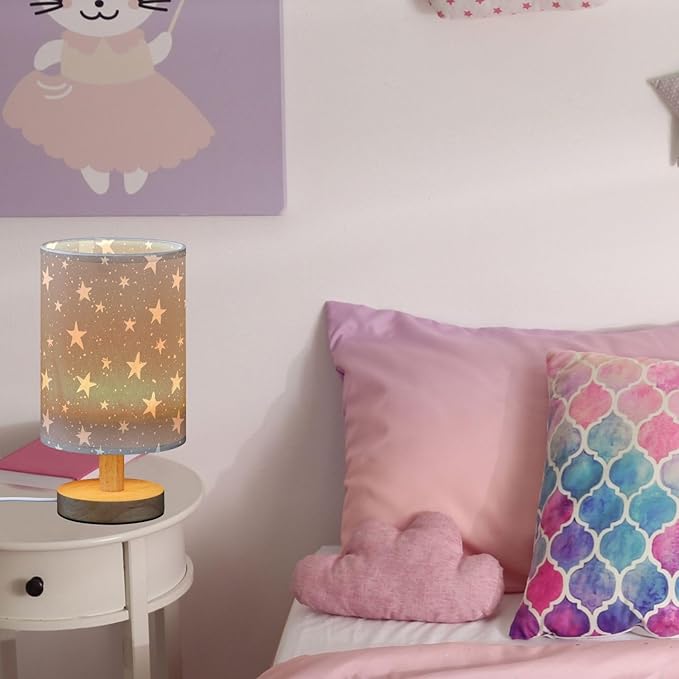 Hand Draw Stars on Grey Background Bedside Table Lamps with USB Port for Bedroom Lamp Small Nightstand Lamp Sturdy Linen Shade Wooden Base Decorative Lamps for Kids Reading Dorm Home