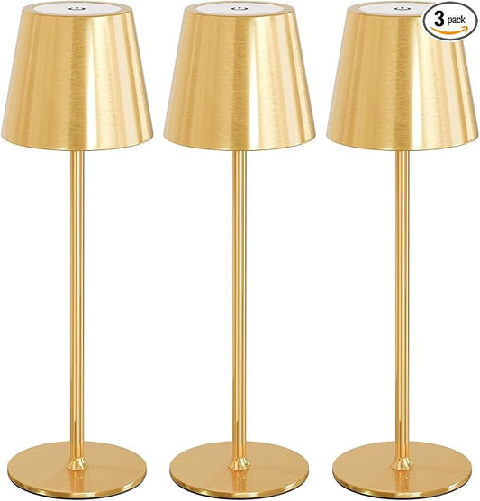 uuffoo 3 Pack Cordless Table Lamp Rechargeable 5000mAH Battery Operated Lights Touch Control LED Portable Desk Lamps 3 Color Dimming for Outdoor Coffee Bedroom Kitchen (Gold)