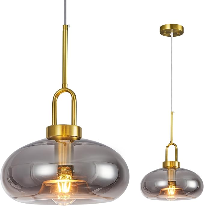 Light Smoke Gray Glass Pendant Lights Kitchen Island Gold Pendant Light Fixtures Adjustable Height Modern Pendant Lighting for Bedroom Dining Room (1-Pack)