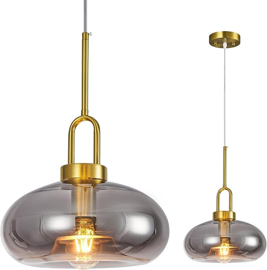 Light Smoke Gray Glass Pendant Lights Kitchen Island Gold Pendant Light Fixtures Adjustable Height Modern Pendant Lighting for Bedroom Dining Room (1-Pack)