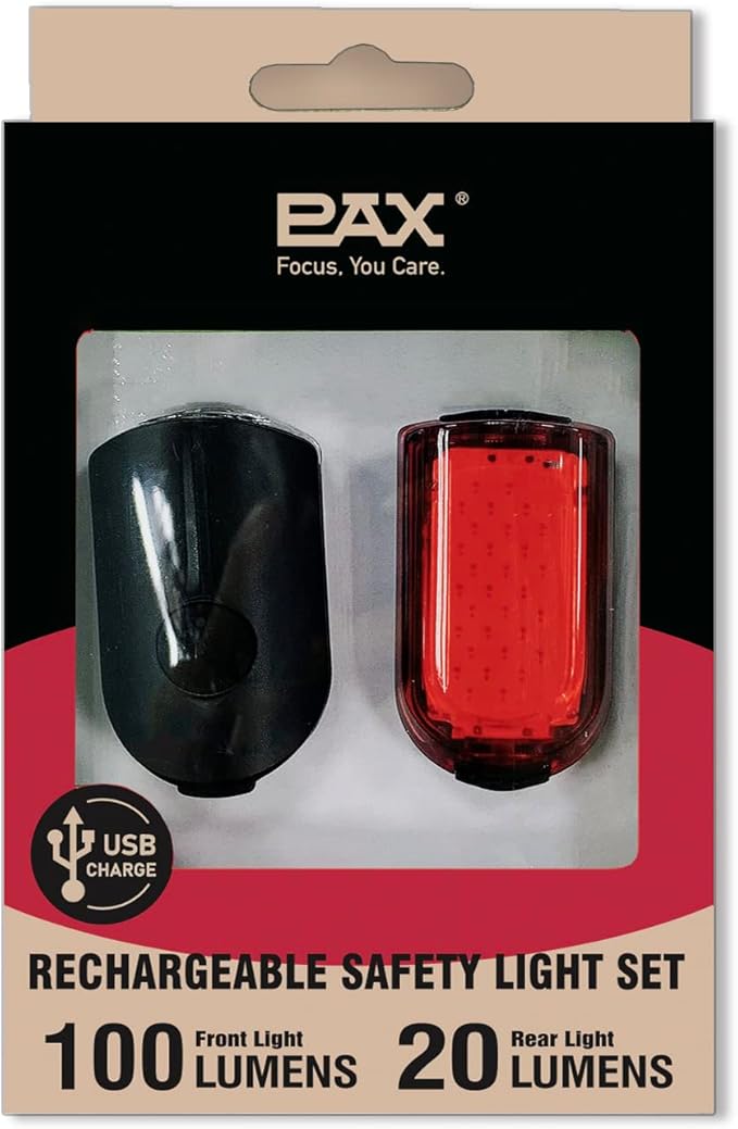 PAX Rechargeable USB Safety Bike Light Set, Bicycle Front Light and Rear, IPX4 Waterproof Standard, Multi Light Mode, Lightweight for Mountain or Road Bike