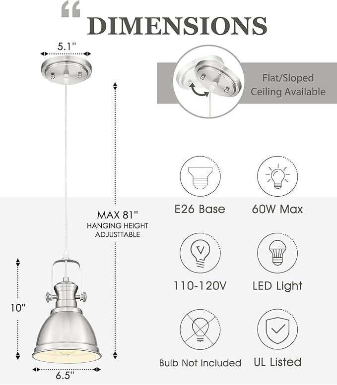 Pendant Lights Kitchen Island, Farmhouse Hanging Lights Fixtures with Metal Shade, Rustic Kitchen Pendant Lighting Over Island for Dining Room, Brushed Nickel, AD-2151-1P-SN