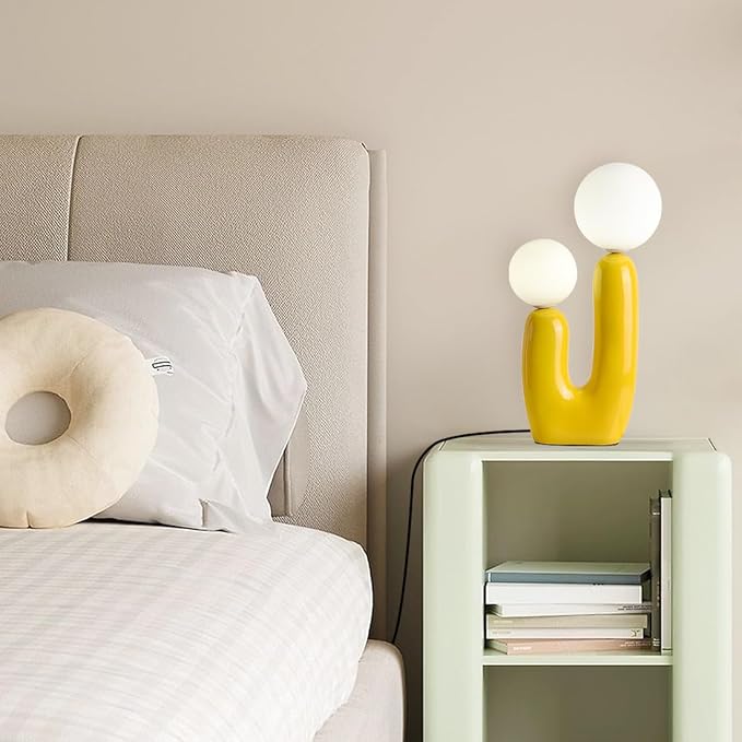 Yellow Cactus Shape Table Lamp Creative Resin 2 Lights Nightstand Lamp 3 Colors Creamy Globe Glass Dimmable Light Fixture for Bedroom Living Room Kid’s Room Office Cafe