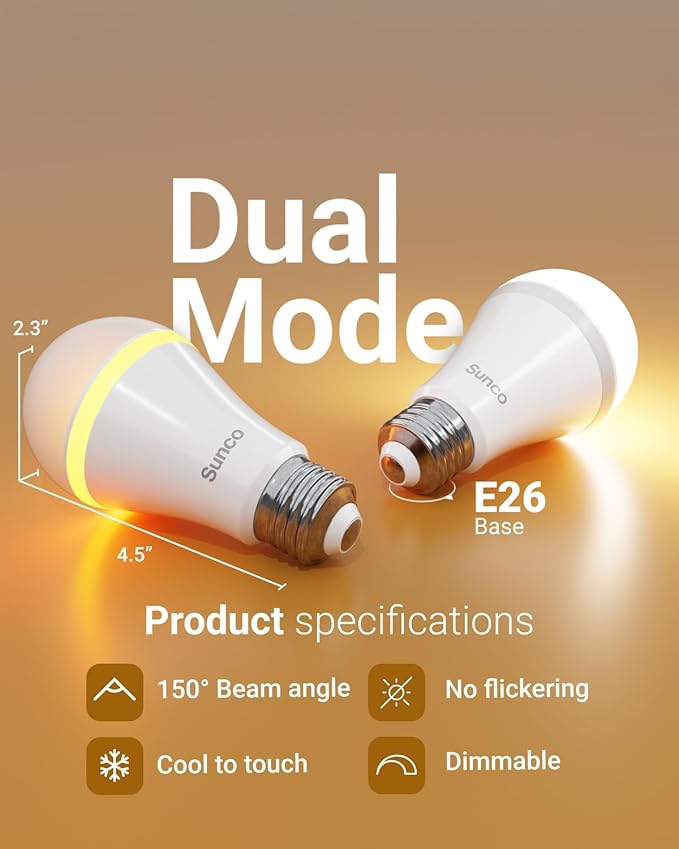 Sunco 6 Pack A19 Night Light Bulbs, Sleep Lights for Bedroom, Lamp, Nursery, Mood Soothing, 800 LM (80 LM Nightlight), 5000K Daylight (2000K Amber Glow), Dimmable, E26 Base UL