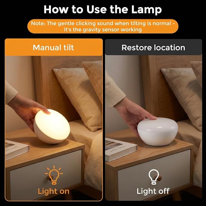 Gravity Sensor Cordless Table Lamp - 2700K Warm Light Rechargeable 2200mAh Battery Operated, Portable Mini Night Light for Nursery/Camping,No Button Tilt to Light, Bedroom/Outdoor/Gift