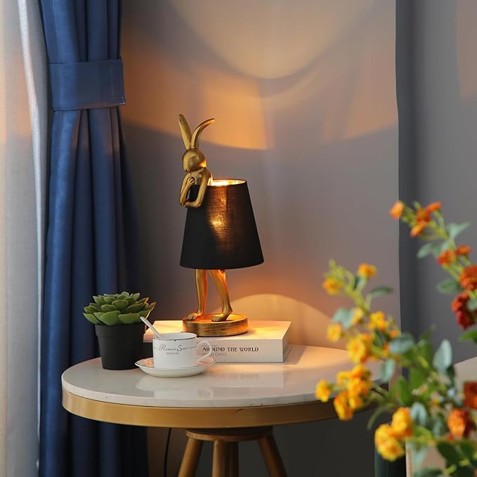 YHT Bunny Table Lamp, Cute Animal Rabbit Lamp,15.7" Vintage LED Desk Light with Linen Lampshade,Gold Main Part Beside Lamp for Bedroom, Study Room, Office, Nursery, Home Decor (Black)