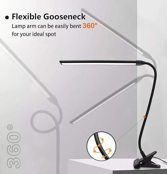 Clamp on Lamp, Clip Light, Desk Lamps 3 Color Temperature Setting, 10 Brightness Levels, 2m USB Cord Power Supply and AC Adapter Included, Pack of 2 (Black)