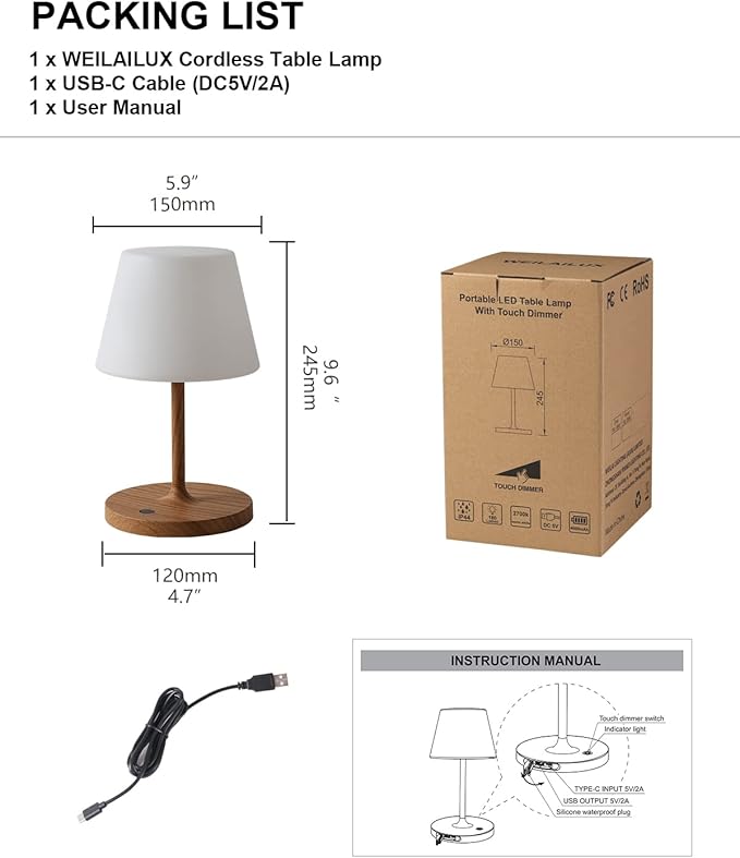 Outdoor Battery Operated Table Lamp Waterproof, 4000mAh Cordless Table Lamp Rechargeable, Touch Dimmable Desk Lamp, LED Night Light for Patio Camping Restaurant Home (Wood Grain, 9.6in)