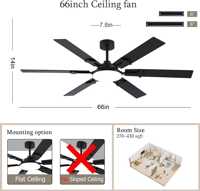 66 Inch Large Ceiling Fans with Lights and Remote, Black Modern Indoor/Outdoor Ceiling Fan for Living Room Kitchen Patio, 6 Speed Reversible DC Motor, 3 CCT Lighting, Dual Finish 6 Blades