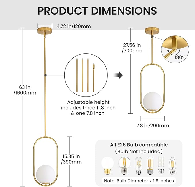 Yunnix Pendant Lights Kitchen Island Modern Gold Globe Pendant Light Mid Century Light Fixture Milk Glass Pendant Lights for Bedroom Dining Room Brushed Brass with One Light (Bulb Not Included)