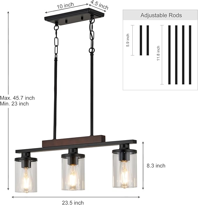 Wood Island Light for Kitchen/Restaurant,3-Light Farmhouse Dining Room Fixture/Chandelier Over Table/Bar,Matte Black Industrial Linear Pendant Lighting Fixtures Ceiling Hanging with Glass Shade-E26