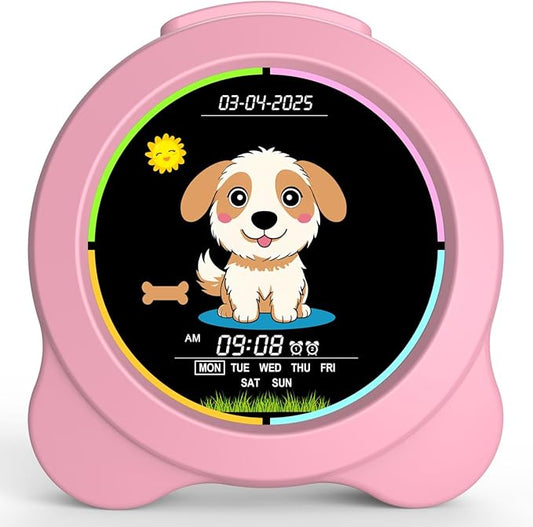 Kids Alarm Clock Sun & Moon& Dog LED Display with Day & Date OK to Wake Clock with Night Light for Kids Children's Sleep Trainer Gift for Boy and Girls