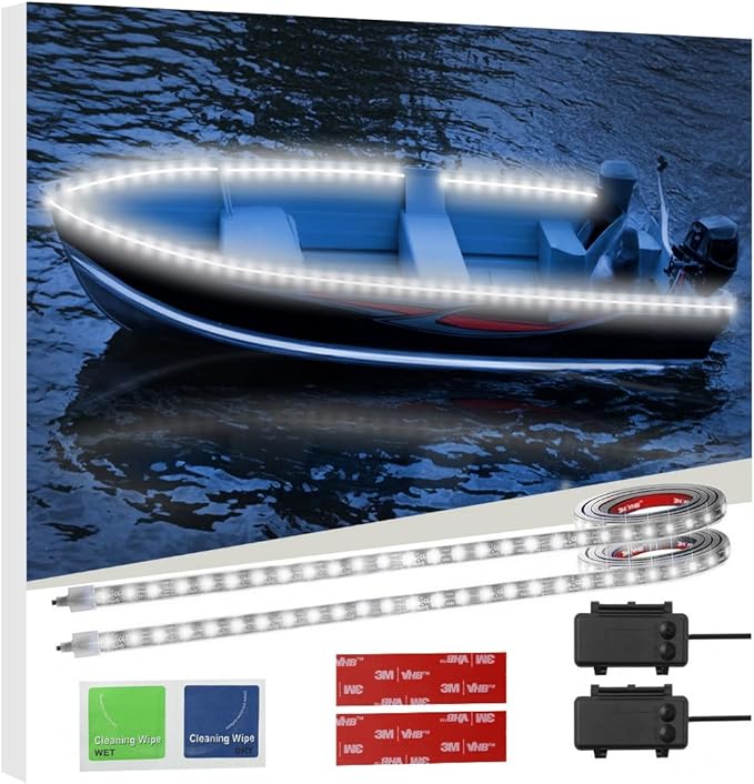 Battery Operated Marine Submersible Boat Lights Strip, 2 Pcs 8FT 9V IP68 Waterproof White Kayak Paddle Board Lights, Boat Interior Deck Courtesy Gunnel Cabin Light for Fishing Pontoon Canoe Golf Cart