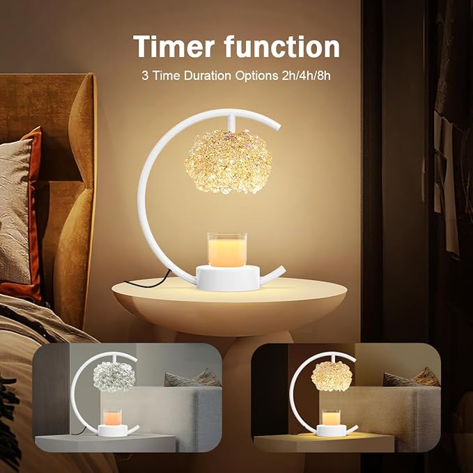 White Candle Warmer Lamp for Jar Candles with Adjustable Brightness＆Timer，Handcrafted Crystal＆Wooden Base,Candle Lamp Luxurious Design+2Bulbs,Home Decoration Electric Candle lamp(C-Shaped)