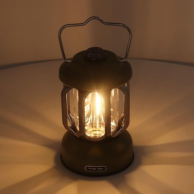 Retro Camping Lantern, Rechargeable LED Tent Lamp with 3 Light Modes, Dimmable Vintage Camping Light with Hook, USB Type C Portable Lantern for Garden Outdoor (Green)