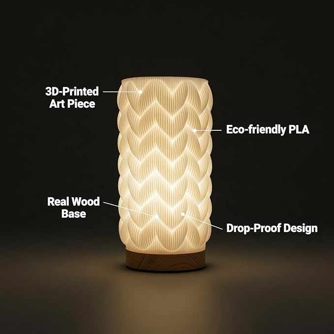 3D Printed Mini Lamp, Small Bedside Lamp with 3-Color Dimmable LED, Small Nightstand Lamp for Tight Spaces, Beautiful Lamp with Wooden Base - Honeycomb