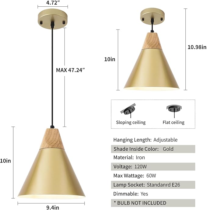 Farmhouse Pendant Light 2 Packs,9.4inches- Gold Pendant Lighting, Industrial Pendant Light, Kitchen Pendant Lights for Office, Bedroom, Living Room, Kitchen Island