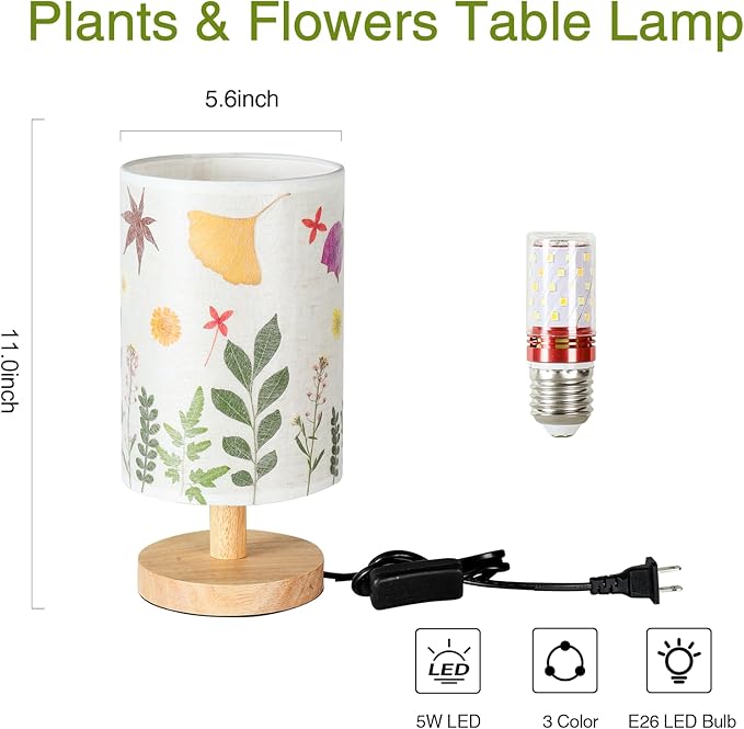 Pressed Flowers Table Lamp 5W LED 3Color Temperatures Dried Flower Bedside Lamp Linen Shade with Wood Base for Bedroom Living Room Desk Office