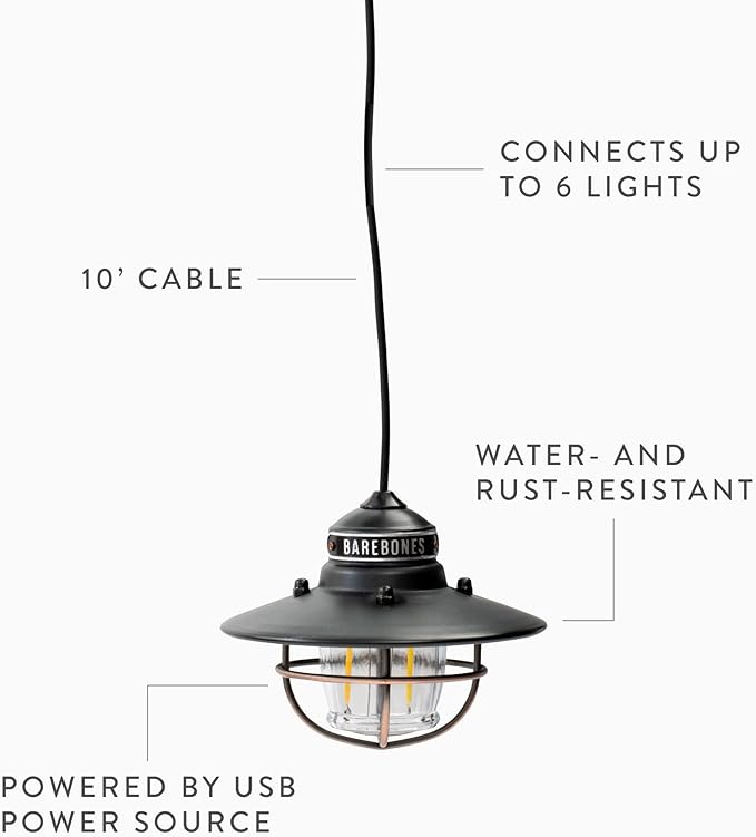 Barebones Edison Pendant Light – Vintage White, Vintage Rustic USB LED Hanging Light for Outdoor and Indoor Use – Adjustable Height String Lantern with Warm Edison Bulb Glow for Patio, Home, or Garden