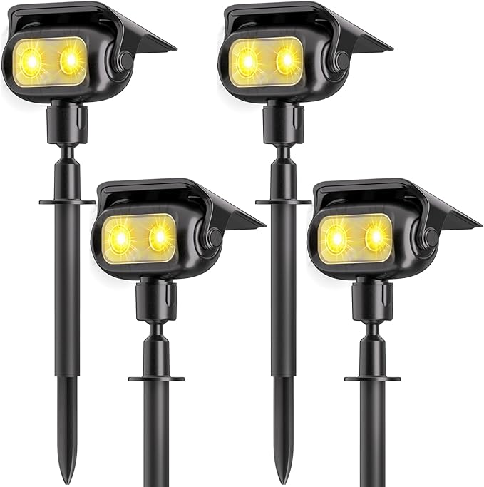 Nreonrick Solar Spot Lights Outdoor Waterproof, 360° Adjustable Landscape Lighting with 2Lighting Mode, Auto On/Off Solar Lights Outdoor for Wall Pathway Garden Decorations (Warm White, 4 Pack)
