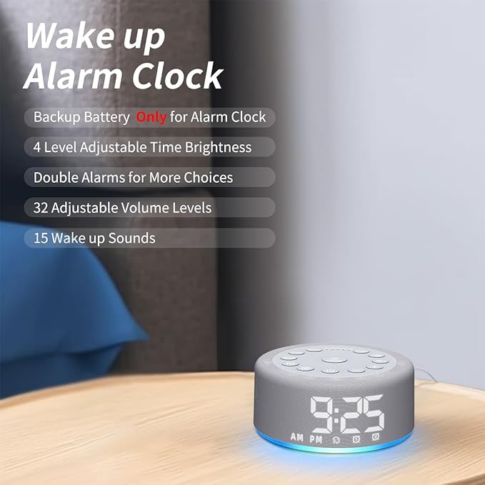 Sound Machine Alarm Clock Brown Noise White Noise Machine Night Light with Dual Alarms Backup Battery 30 Sleeping Sounds for Baby Kids Adults 32 Level Volume 5 Timers 15 Wake Up Sounds Memory Function