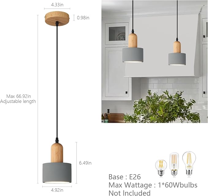 Modern Cement Pendant Lights Grey Chandelier Wooden Ceiling Lamps for Kitchen Island Bedroom Dining Room Living Room bar（3 Pack）