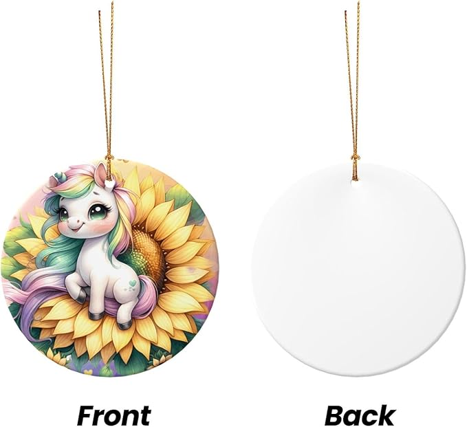Cartoon Unicorn Sunflower Christmas Ornaments, Christmas Decorations Xmas Tree Hanging Ornaments, Round Ceramic Festive Keepsake Gift for Xmas Decorations Holiday Home Decor